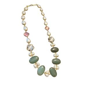 Gold Tone Multi Stone Faux Pearl‎ Floral Statement Necklace Green Pink Cream